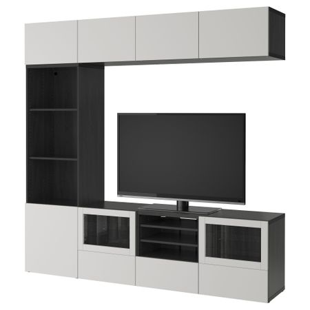 Шкаф для ТВ, комбинированный, стекляные дверцы БЕСТО, черно-коричневый, Лаппвикен светло-серый прозрачное стекло (240x40x230 см)