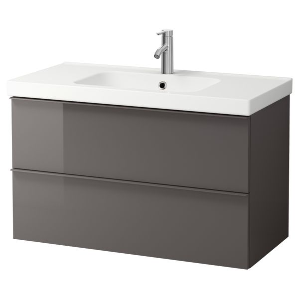 Шкаф для раковины с 2 ящиками ГОДМОРГОН / ОДЕНСВИК, глянцевый серый (100x49x64 см) - схема-чертеж с размерами