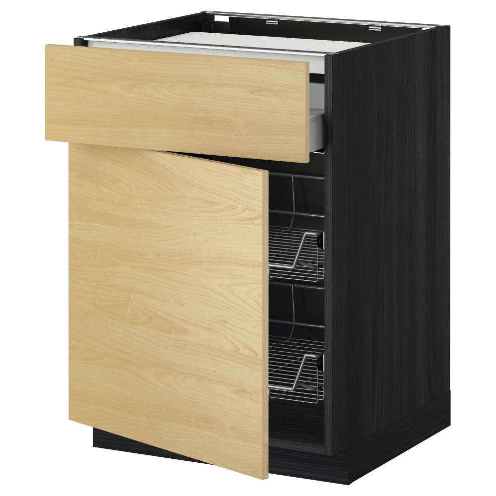Напольный шкаф для варочной панели, ящик, 2 проволочных корзины МЕТОД / МАКСИМЕРА, черный, Тингсрид береза (60x60 см) - фото 1