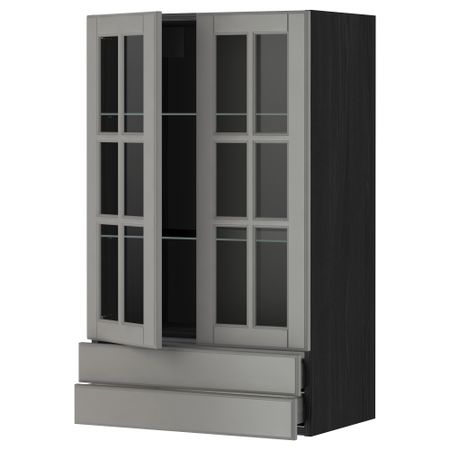 Навесной шкаф, 2 стеклянные дверцы, 2 ящика МЕТОД / МАКСИМЕРА, черный, Будбин серый