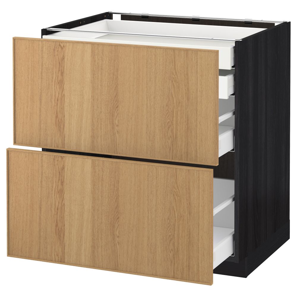 Напольный шкаф 2 фронтальные панели, 2 нижних, 1 средний, 1 высокий ящик МЕТОД / МАКСИМЕРА, черный, Экестад дуб - схема-чертеж с размерами