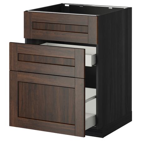 Напольный шкаф под мойку + 3 фронтальных панели, 2 ящика МЕТОД / МАКСИМЕРА, черный, Эдсерум коричневый