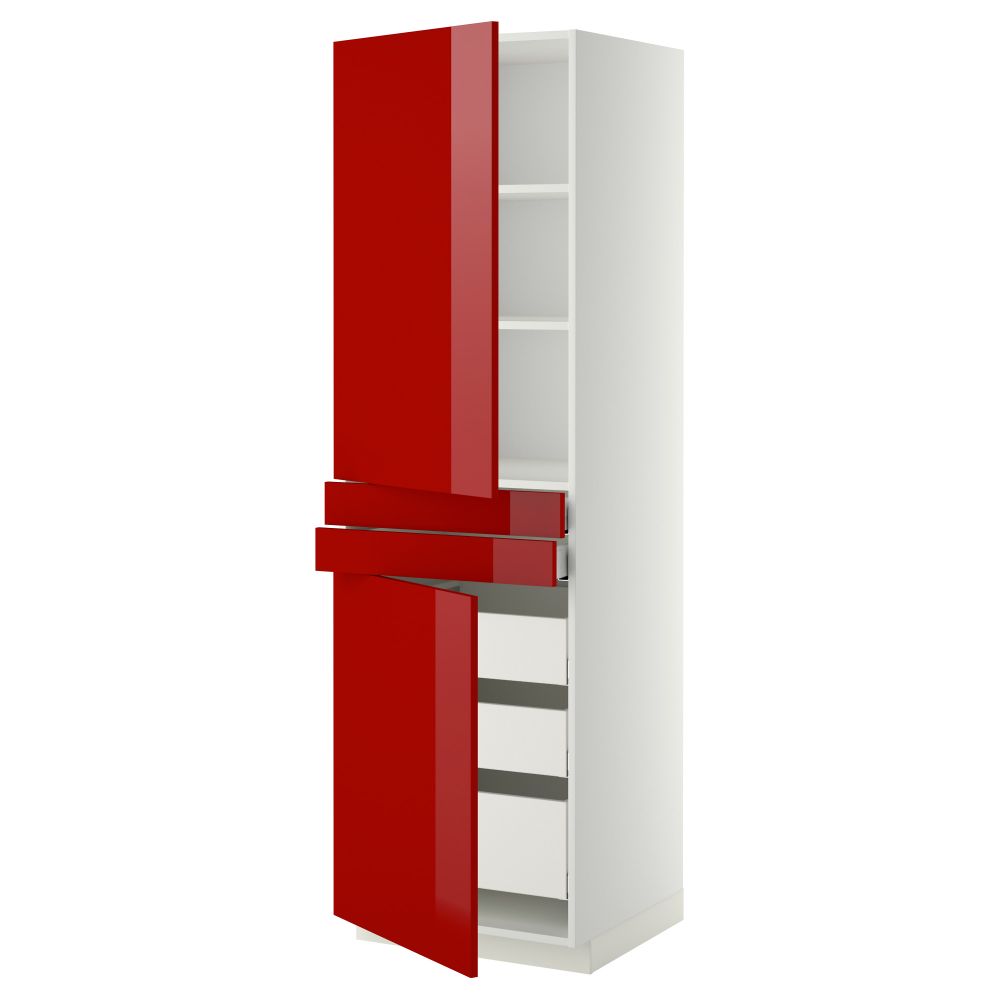 Высокий шкаф + полки, 5 ящиков, 2 дверцы, 2 фронтальных МЕТОД / МАКСИМЕРА, белый, Рингульт красный - схема-чертеж с размерами