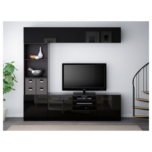 Шкаф для ТВ, комбинированный, стекляные дверцы БЕСТО, черно-коричневый, Сельсвикен глянцевый/черный дымчатое стекло (240x40x230 - фото 2