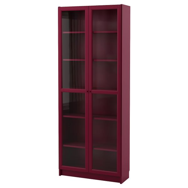 Шкаф книжный со стеклянными дверьми, темно-красный 80x30x202 см IKEA BILLY БИЛЛИ 203.856.19 - фото 1