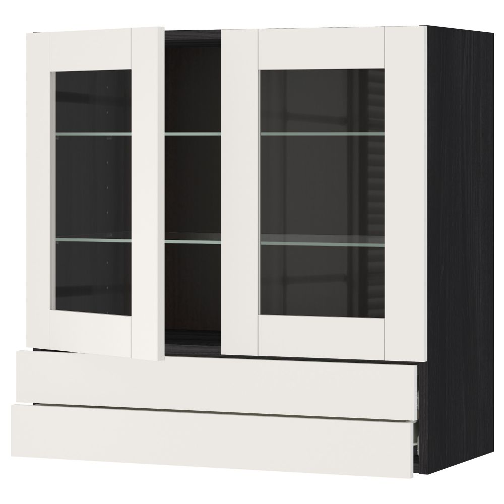 Навесной шкаф, 2 стеклянные дверцы, 2 ящика МЕТОД / ФОРВАРА, черный, Сэведаль белый - схема-чертеж с размерами