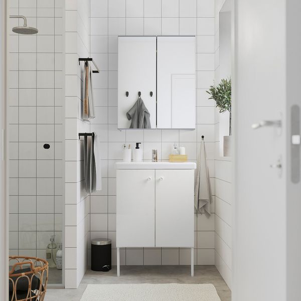 Комплект мебели для ванной,7 предм., белый/ПИЛКОН смеситель 64x43x88 см IKEA FISKÅN ФИСКОН / TVÄLLEN ТВЭЛЛЕН 694.309.03 - схема-чертеж с размерами