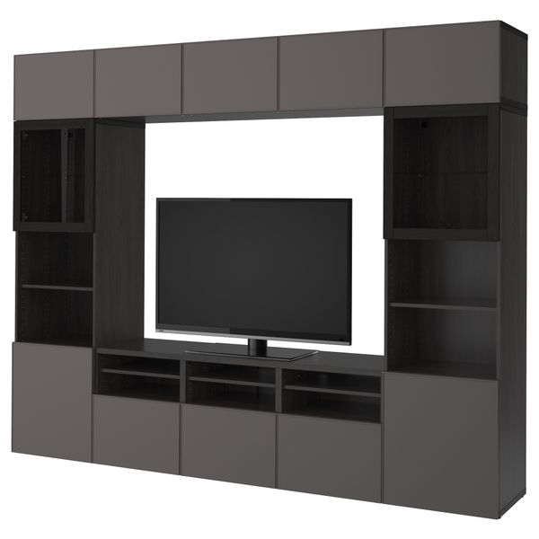 Шкаф для ТВ, комбинированный, стекляные дверцы БЕСТО, черно-коричневый Грундсвикен, темно-серый прозрачное стекло (300x40x230 - фото 1