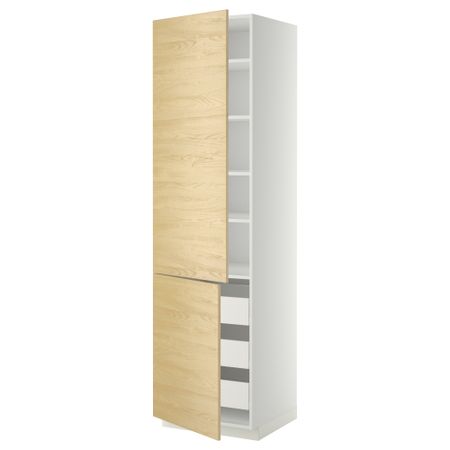 Высокий шкаф + полки, 3 ящика, 2 дверцы МЕТОД / ФОРВАРА, белый, Тингсрид береза