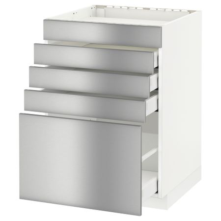 Напольный шкаф для варочной панели, 5 фасадов, 4 ящиков МЕТОД / МАКСИМЕРА, белый, Гревста нержавеющ сталь