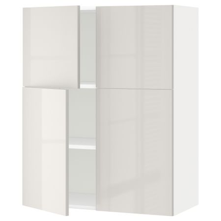 Навесной шкаф с полками, 4 дверцы МЕТОД, белый, Рингульт светло-серый (80x100 см)