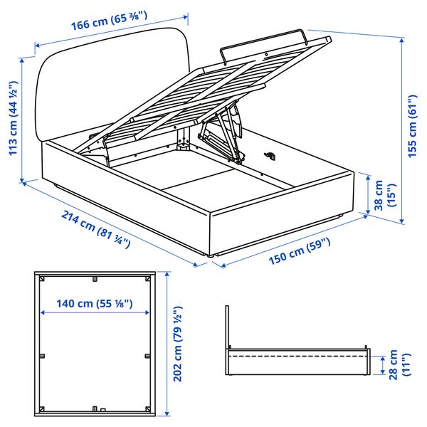 Тахта с обивкой, 140x200 см, Gunnared светло-зеленый IKEA VADHEIM 004.656.31 - схема-чертеж с размерами