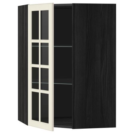 Угловой навесной шкаф с полками, стекляными дверцами МЕТОД, черный, Будбин белый с оттенком