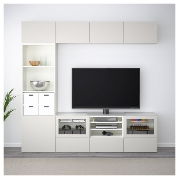 Шкаф для ТВ, комбинированный, стекляные дверцы БЕСТО, белый Лаппвикен, Синдвик светло-серый прозрачное стекло (240x40x230 см) - фото 2