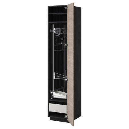 Высокий шкаф с отделением для аксессуаров, для уборки МЕТОД / МАКСИМЕРА, черный, Брокхульт светло-серый (40x60x200 см)