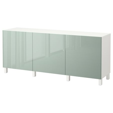 Комбинация для хранения с дверцами, белый, Сельсвикен глянцевый/серо-зеленый светлый, 180x40x74 см IKEA БЕСТО 392.467.08