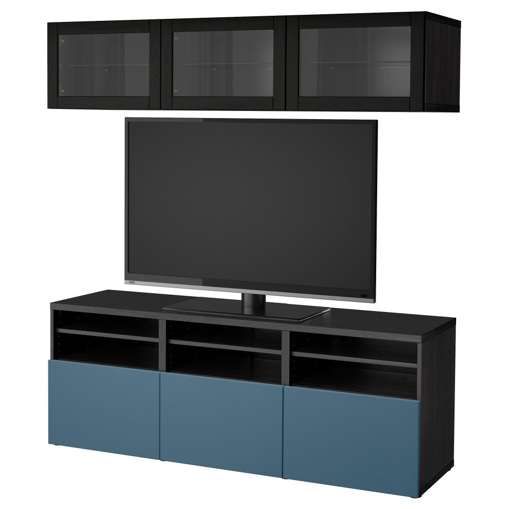 Шкаф для ТВ, комбинированный, стекляные дверцы БЕСТО, черно-коричневый Вальвикен, темно-синий прозрачное стекло (180x40x192 см) - фото 1