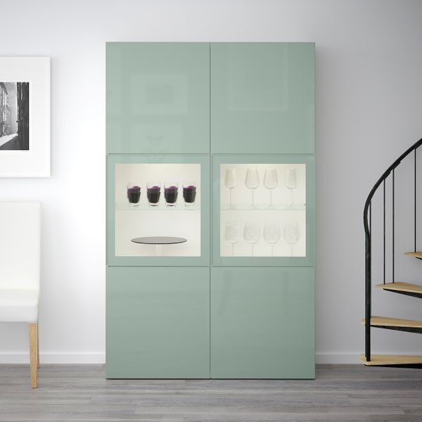 Комбинация для хранения + стеклянная дверц, белый Сельсвикен, глянцевый/серо-зеленый светлый прозрачное стекло, 120x40x192 см - фото 2