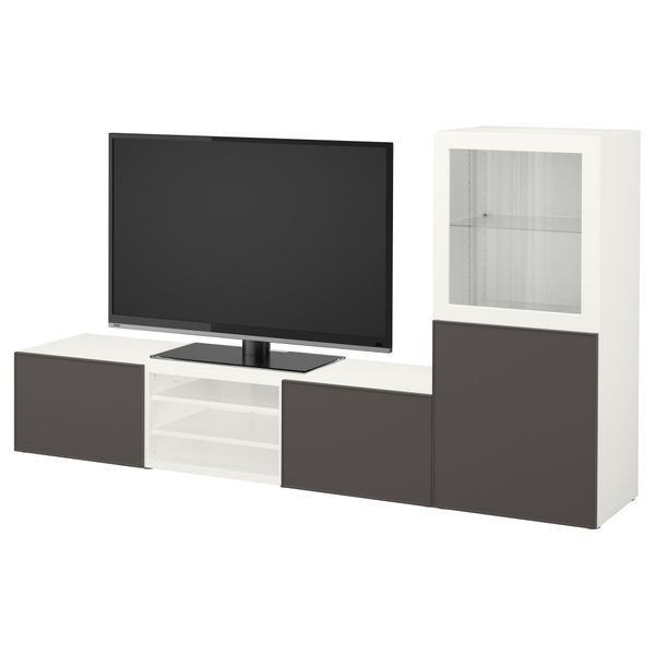 Шкаф для ТВ, комбинированный, стекляные дверцы БЕСТО, белый Грундсвикен, темно-серый прозрачное стекло (240x40x128 см) - фото 1
