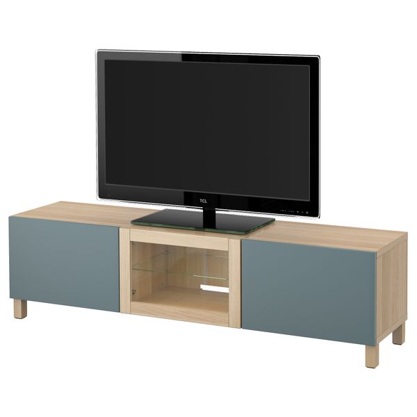 Тумба под ТВ с ящиками и дверцей БЕСТО, под беленый дуб, Вальвикен серо-бирюзовый, прозрачное стекло (180x40x48 см) - фото 1