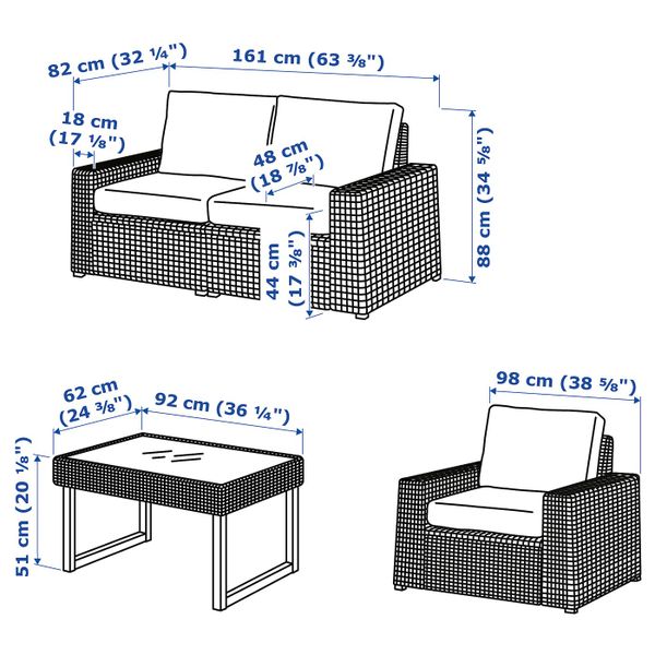 4-местный комплект садовой мебели, коричневый/ФРЁСЁН/ДУВХОЛЬМЕН бежевый IKEA SOLLERÖN СОЛЛЕРОН 692.568.71 - схема-чертеж с размерами
