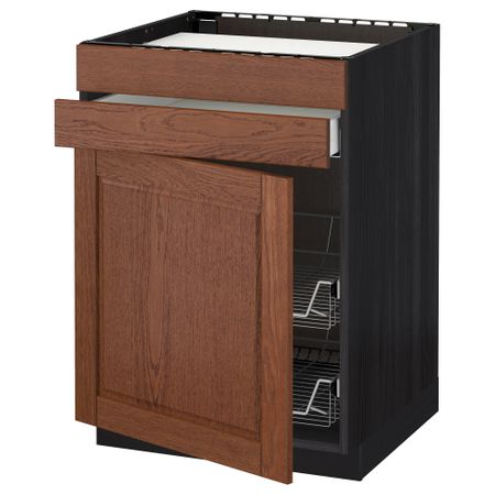 Напольный шкаф для варочной панели, ящик, 2 проволочных корзины МЕТОД / МАКСИМЕРА, черный, Филипстад коричневый (60x60 см)