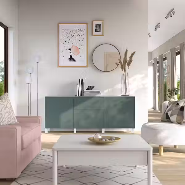 BESTÅ Комбинация для хранения с ящиками - Krukmakare темный серо-зеленый/Stubbarp белый 180x42x74 см - схема-чертеж с размерами