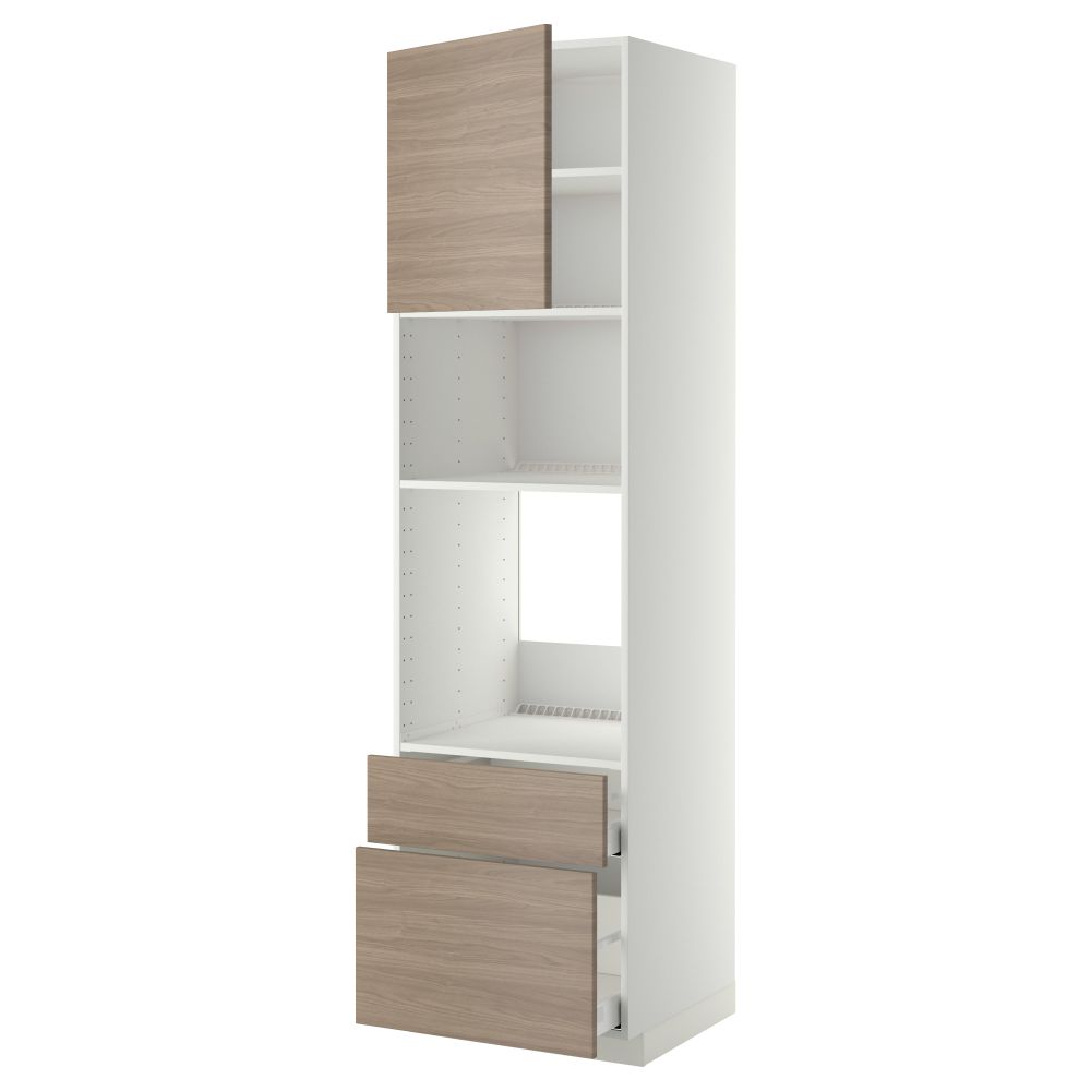 Высокий шкаф для духовки/СВЧ дверца, 2 ящика МЕТОД / МАКСИМЕРА, белый, Брокхульт светло-серый - фото 1