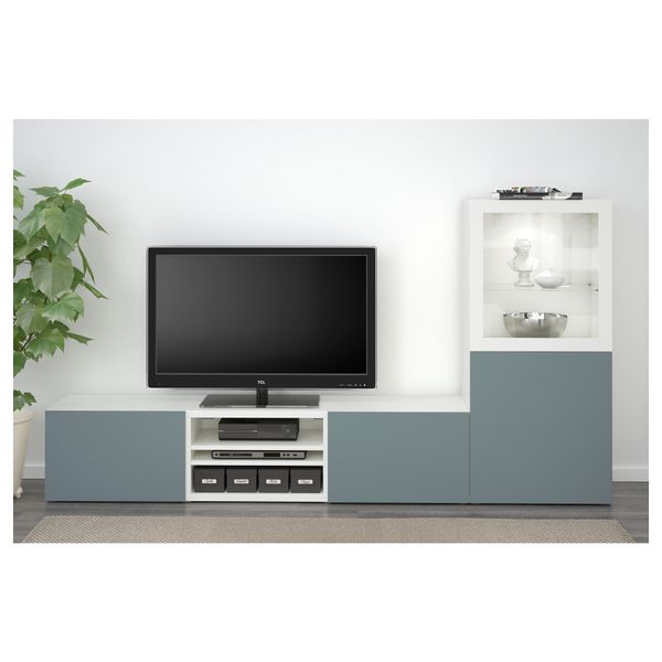 Шкаф для ТВ, комбинированный, стекляные дверцы БЕСТО, белый, Вальвикен серо-бирюзовый, прозрачное стекло (240x40x128 см) - схема-чертеж с размерами