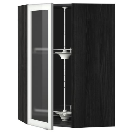 Угловой навесной шкаф с вращающающейся секцией, стеклянными дверцами МЕТОД, черный, Ютис матовое стекло