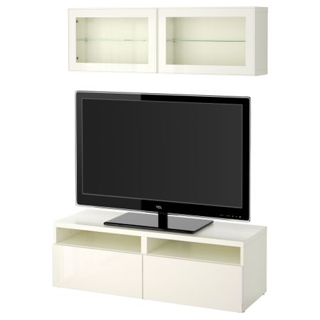 Шкаф для ТВ, комбинированный, стекляные дверцы БЕСТО, белый, Сельсвикен глянцевый/белый прозрачное стекло (120x20/40x166 см)