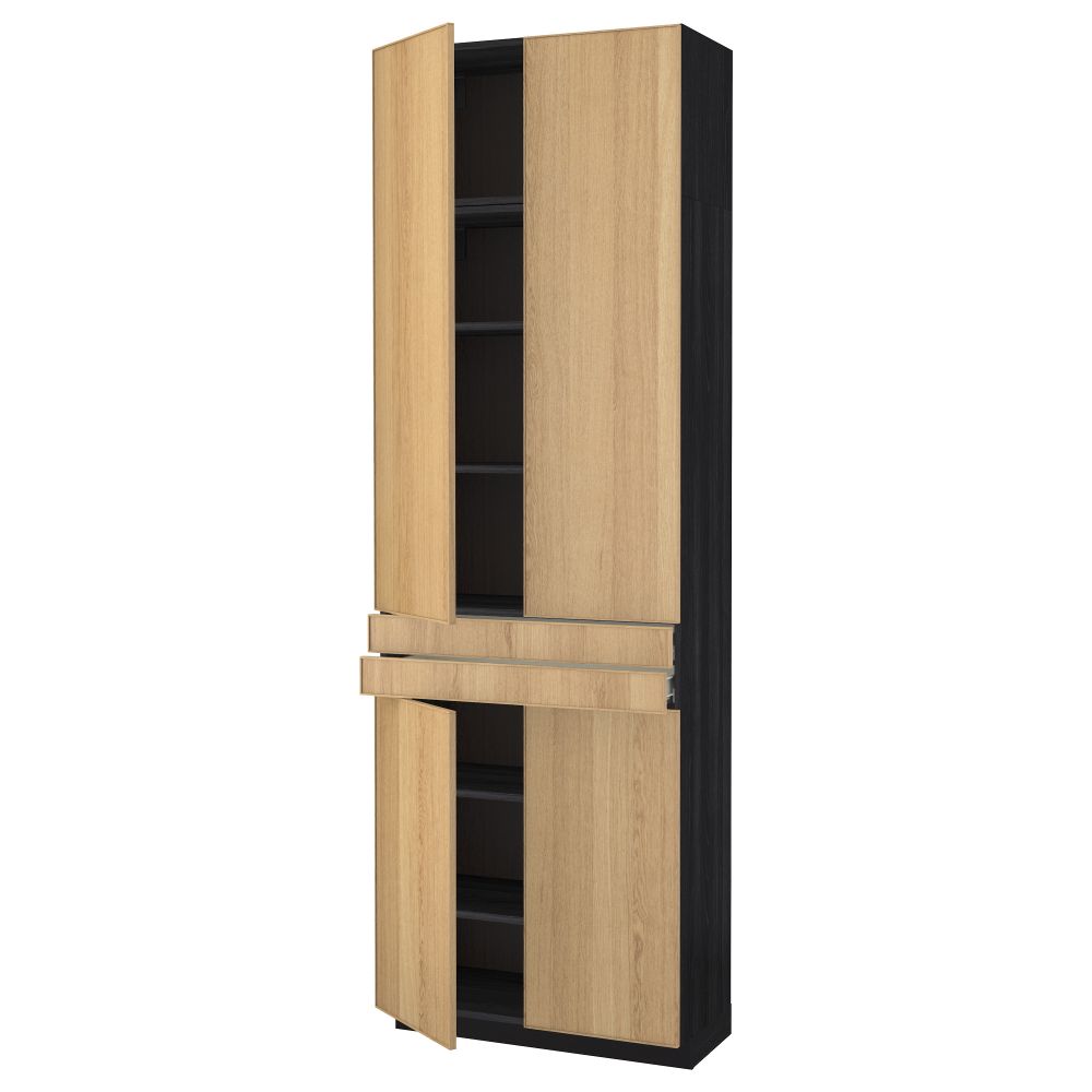 Высокий шкаф + полки, 2 ящика, 4 дверцы МЕТОД / ФОРВАРА, черный, Экестад дуб (80x37x240 см) - схема-чертеж с размерами