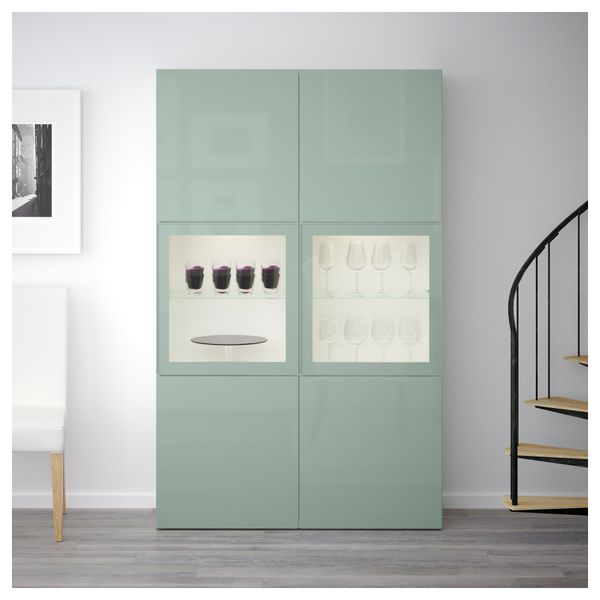 Комбинация для хранения со стеклянными дверцами БЕСТО, белый Сельсвикен, глянцевый/серо-зеленый светлый прозрачное стекло - фото 2