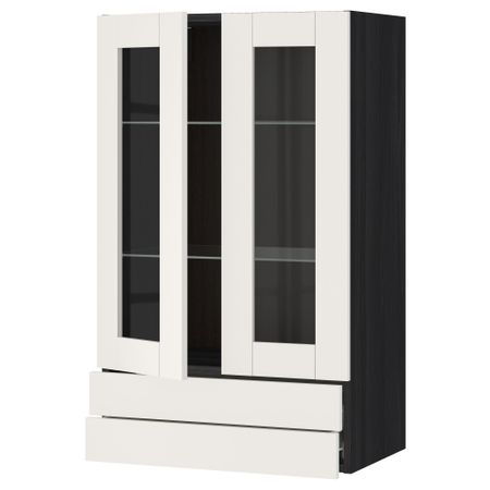 Навесной шкаф, 2 стеклянные дверцы, 2 ящика МЕТОД / ФОРВАРА, черный, Сэведаль белый