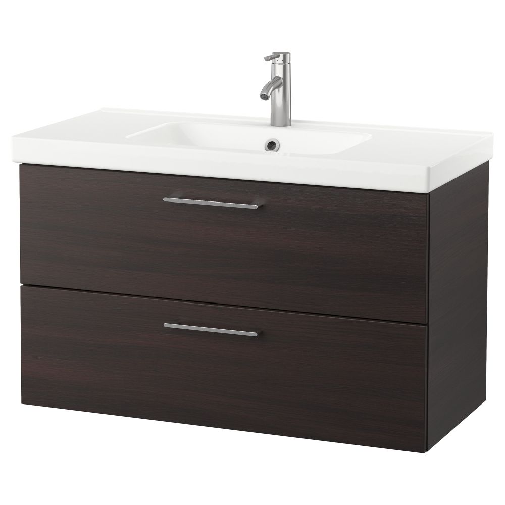 Шкаф для раковины с 2 ящиками ГОДМОРГОН / ОДЕНСВИК, черно-коричневый (100x49x64 см) - фото 1