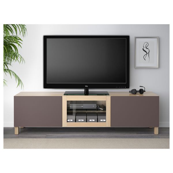 Тумба под ТВ с ящиками и дверцей БЕСТО, под беленый дуб, Вальвикен темно-коричневый, прозрачное стекло (180x40x48 см) - схема-чертеж с размерами