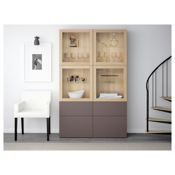 Комбинация для хранения со стеклянными дверцами БЕСТО, под беленый дуб, Вальвикен темно-коричневый, прозрачное стекло - схема-чертеж с размерами