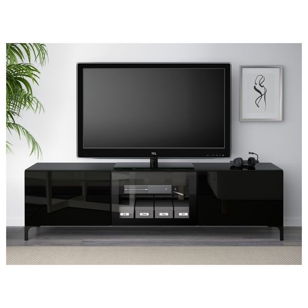 Тумба под ТВ, с дверцами БЕСТО, черно-коричневый, Сельсвикен глянцевый/черный прозрачное стекло (180x40x38 см) - схема-чертеж с размерами