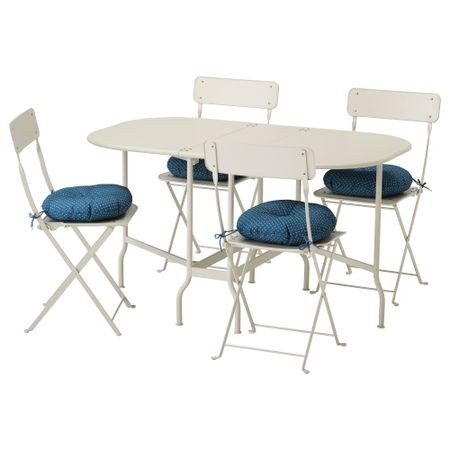 Стол + 4 складных стула, для сада САЛЬТХОЛЬМЕН, бежевый, Иттерон синий