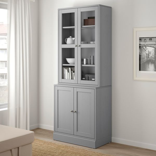 Комбинация для хранения с стеклянная двр, серый 81x47x212 см IKEA HAVSTA ХАВСТА 492.659.80 - фото 2
