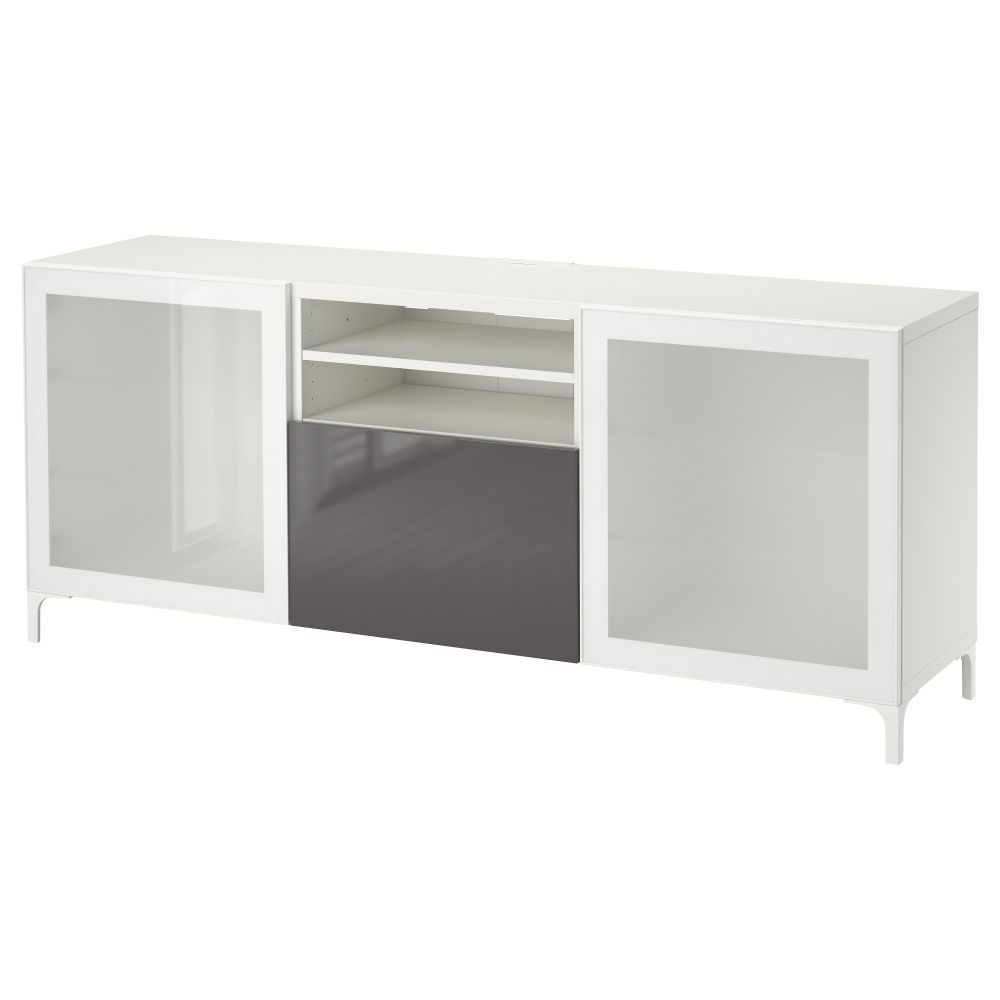 Тумба для ТВ с ящиками БЕСТО, белый, Сельсвикен глянцевый/серый матовое стекло (180x40x74 см) - фото 1