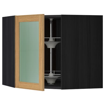 Угловой навесной шкаф с вращающающейся секцией, стеклянными дверцами МЕТОД, черный, Экестад дуб