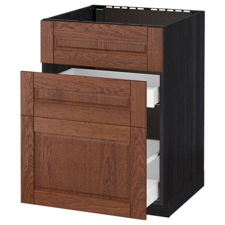 Напольный шкаф под мойку + 3 фронтальных панели, 2 ящика МЕТОД / МАКСИМЕРА, черный, Филипстад коричневый