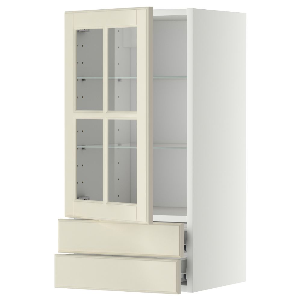 Навесной шкаф, стеклянная дверца, 2 ящика МЕТОД / ФОРВАРА, белый, Будбин белый с оттенком - фото 1