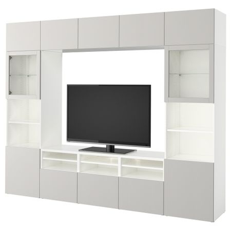 Шкаф для ТВ, комбинированный, стекляные дверцы БЕСТО, белый, Лаппвикен светло-серый прозрачное стекло (300x40x230 см)