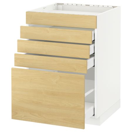 Напольный шкаф для варочной панели, 5 фасадов, 4 ящиков МЕТОД / МАКСИМЕРА, белый, Тингсрид береза