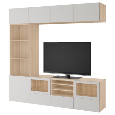 Шкаф для ТВ, комбинированный, стекляные дверцы БЕСТО, под беленый дуб, Лаппвикен светло-серый прозрачное стекло (240x40x230 см)