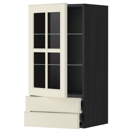 Навесной шкаф, стеклянная дверца, 2 ящика МЕТОД / ФОРВАРА, черный, Будбин белый с оттенком