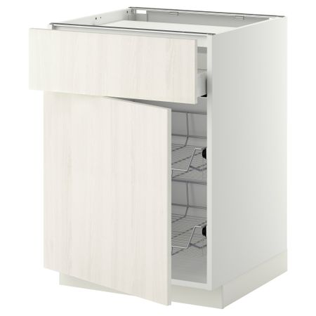 Напольный шкаф для варочной панели, ящик, 2 проволочных корзины МЕТОД / МАКСИМЕРА, белый, Росдаль белый (60x60 см)