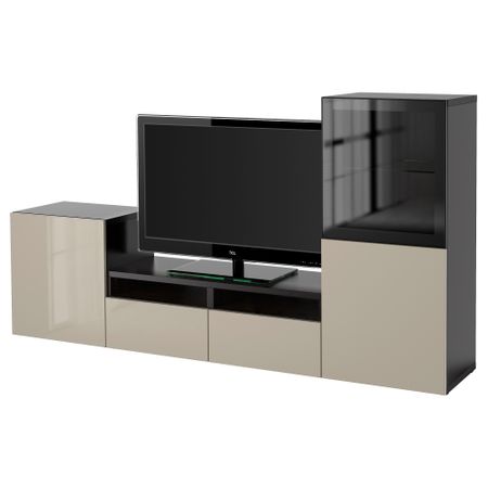Шкаф для ТВ, комбинированный, стекляные дверцы БЕСТО, черно-коричневый, Сельсвикен глянцевый/бежевый прозрачное стекло